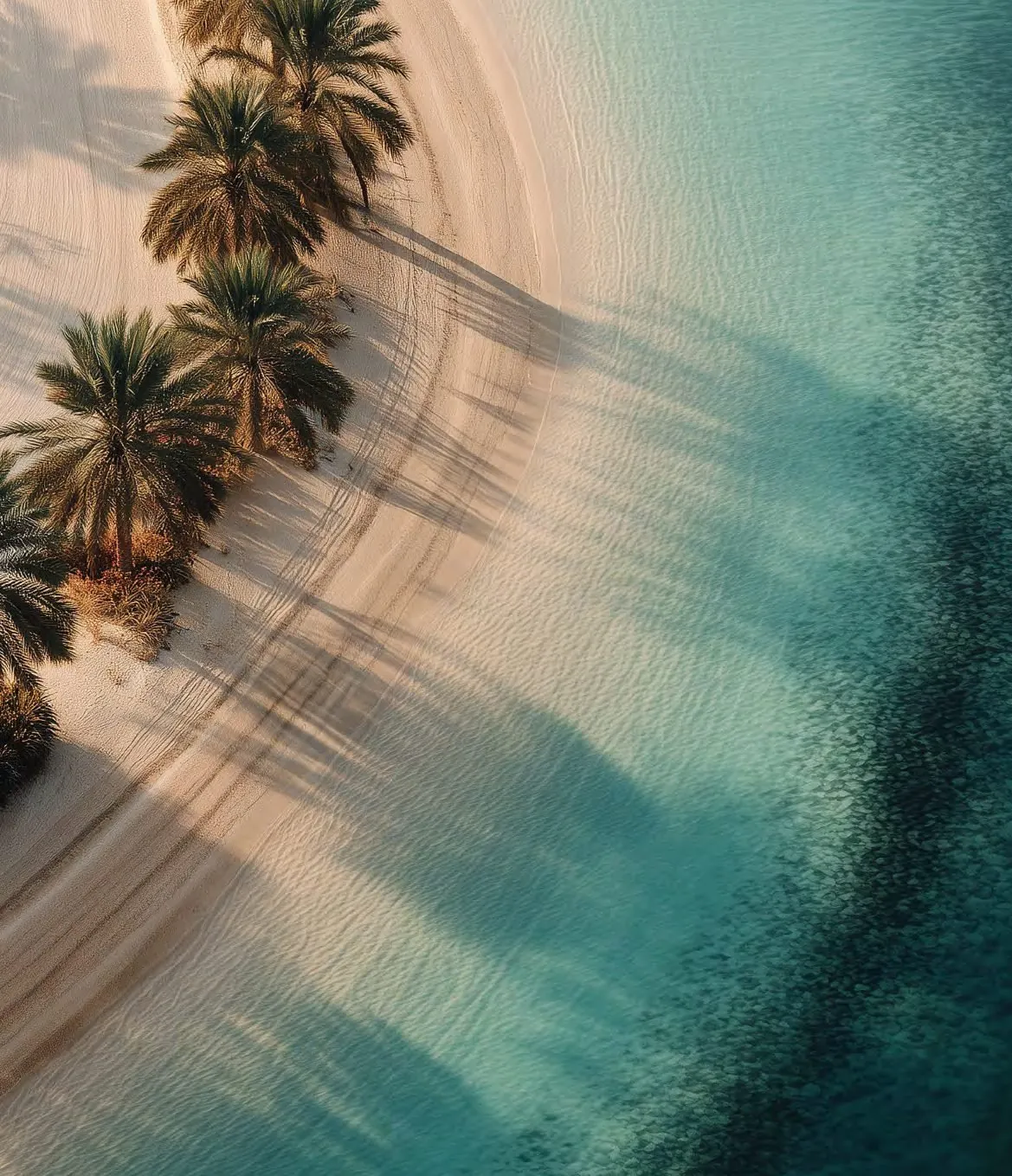 Aerial view of the turquoise shoreline at Dubai Islands